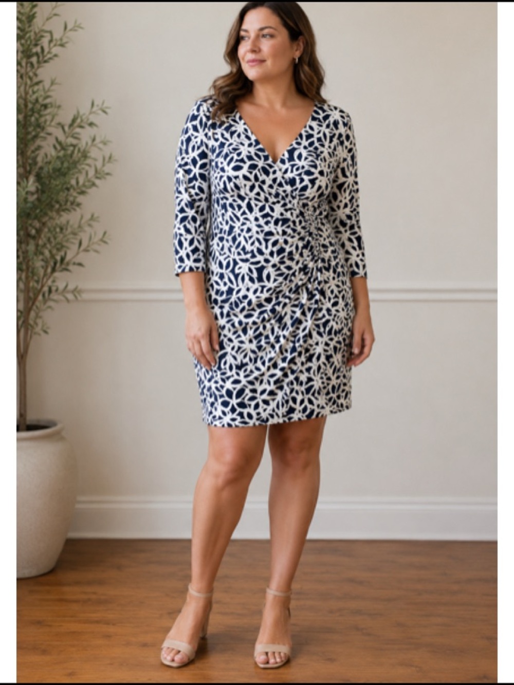 Lauren Ralph Lauren Navy Blue White Faux Wrap Dress